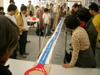 つり橋の上を電車の模型が走ると橋が上下にたわむことがわかります。